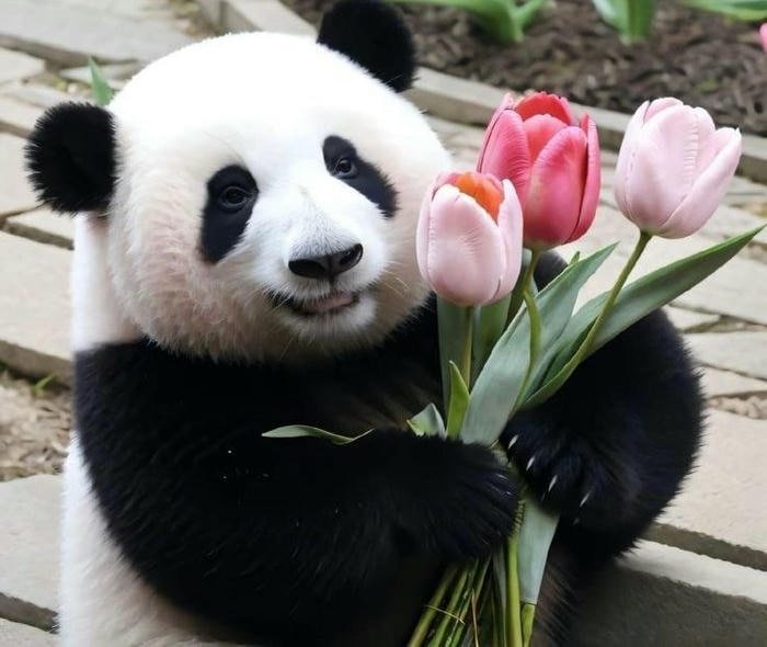 Hình ảnh con gấu trúc ôm hoa