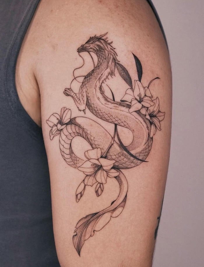 Hình xăm hoa sen rồng biểu tượng tâm linh