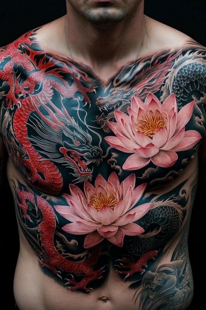 Hình xăm hoa sen rồng kết hợp mây nước