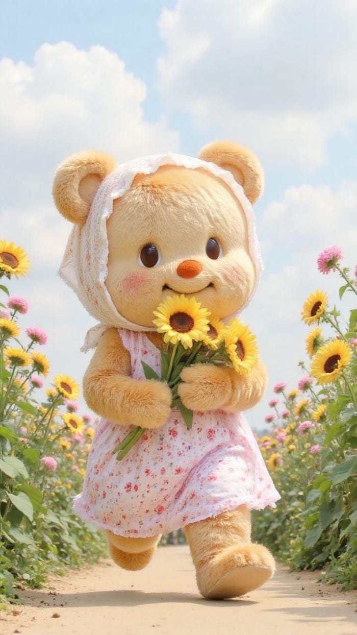 ảnh gấu dễ thương cầm hoa