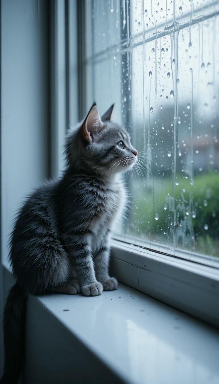ảnh mèo buồn bên cửa sổ