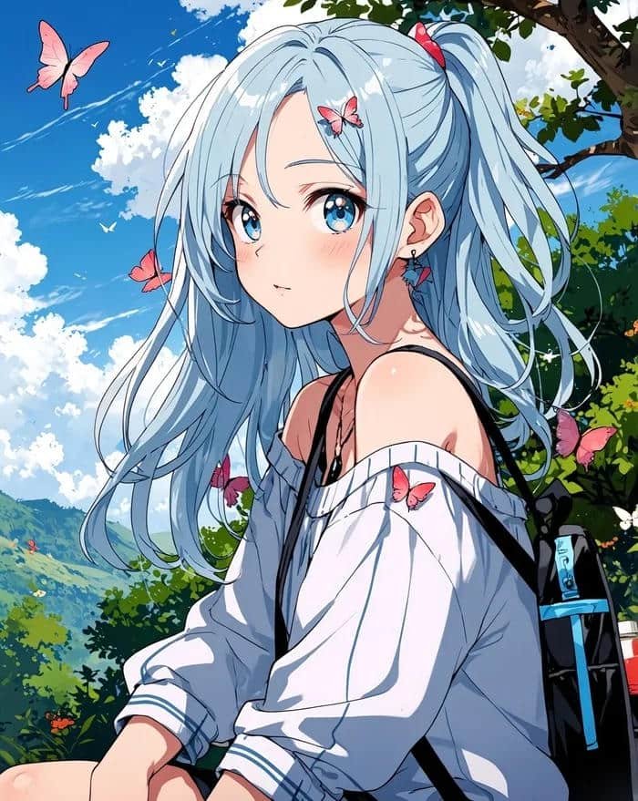 Hình anime girl tóc trắng nhẹ nhàng giữa cánh đồng hoa