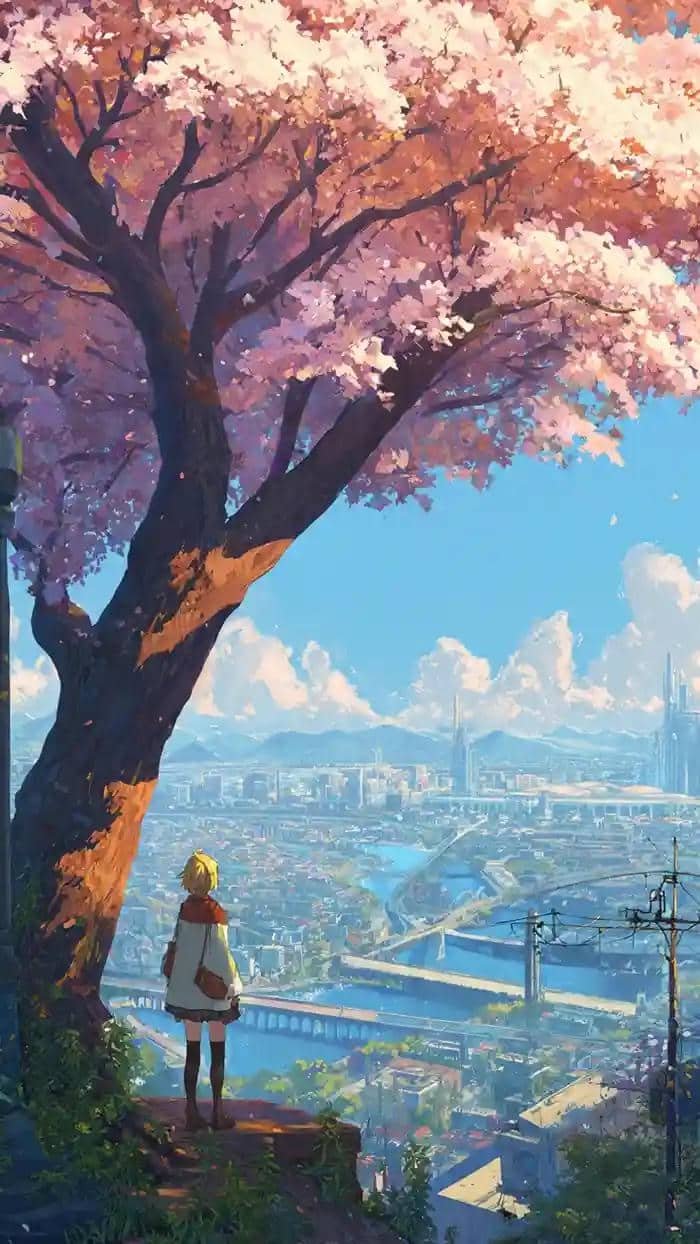 Ảnh anime đẹp hiếm cô gái dưới tán hoa anh đào