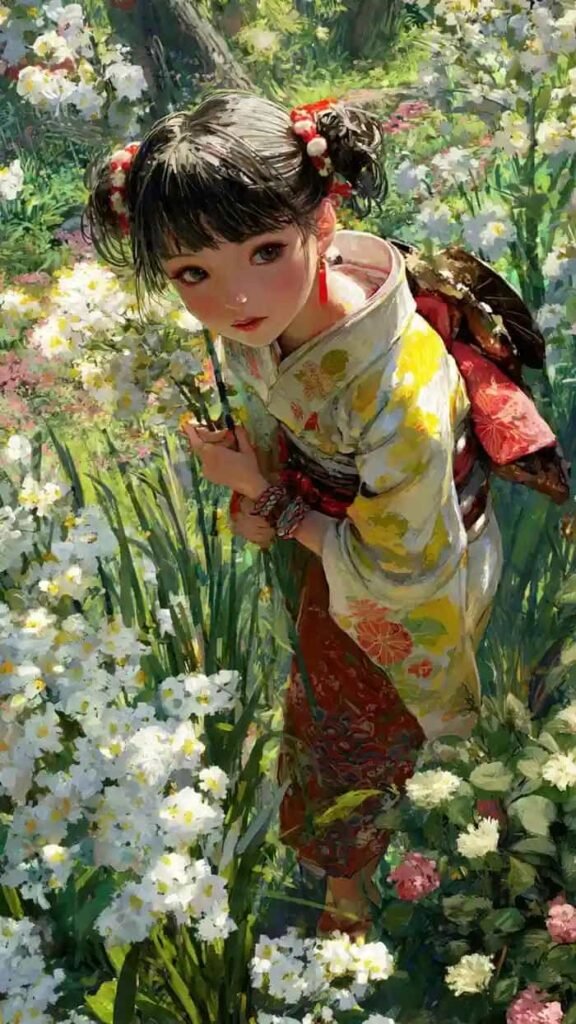 Ảnh anime đẹp hiếm cô gái trong bộ kimono đỏ