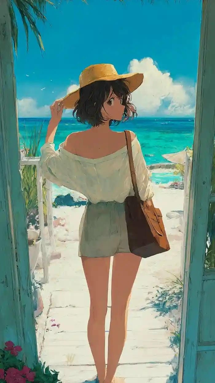 Ảnh anime đẹp hiếm cô gái tóc đen bên bờ biển