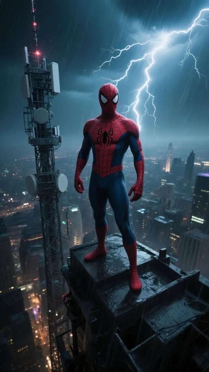 Ảnh Spiderman trong cảnh đêm thành phố