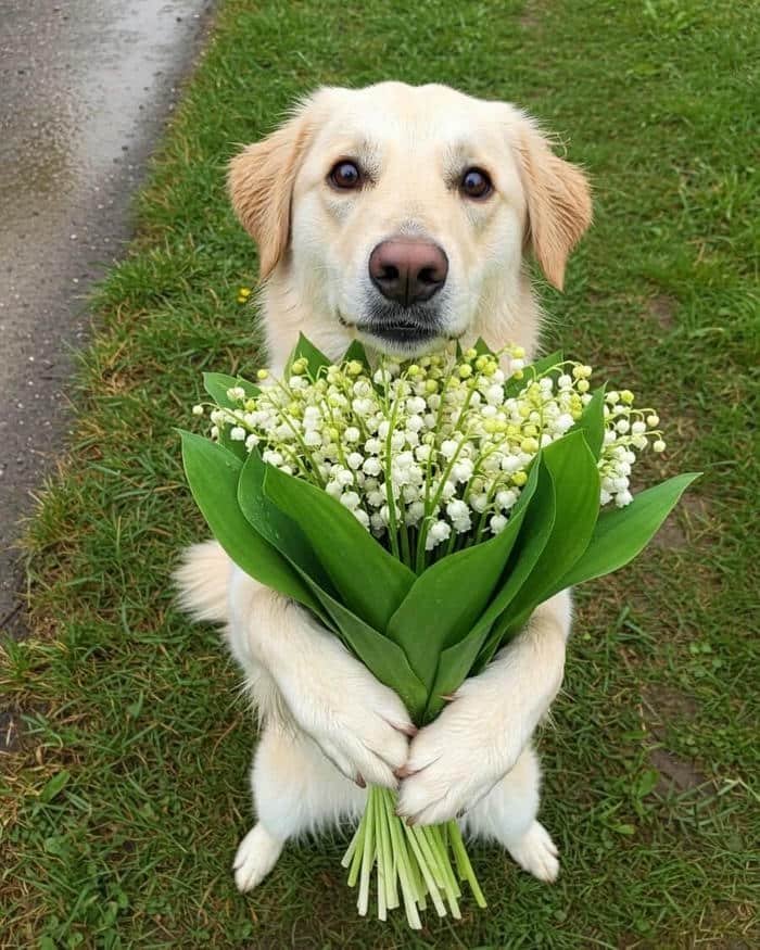 ảnh chó cầm hoa