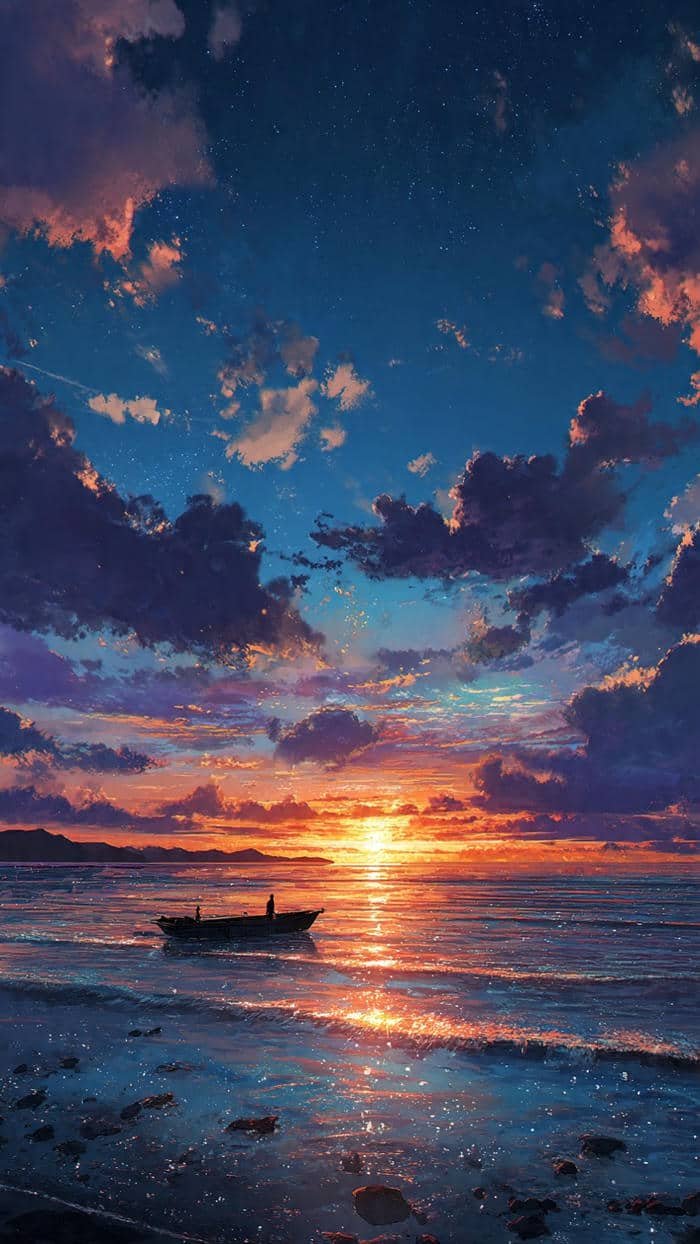 ảnh biển anime hoàng hôn pastel