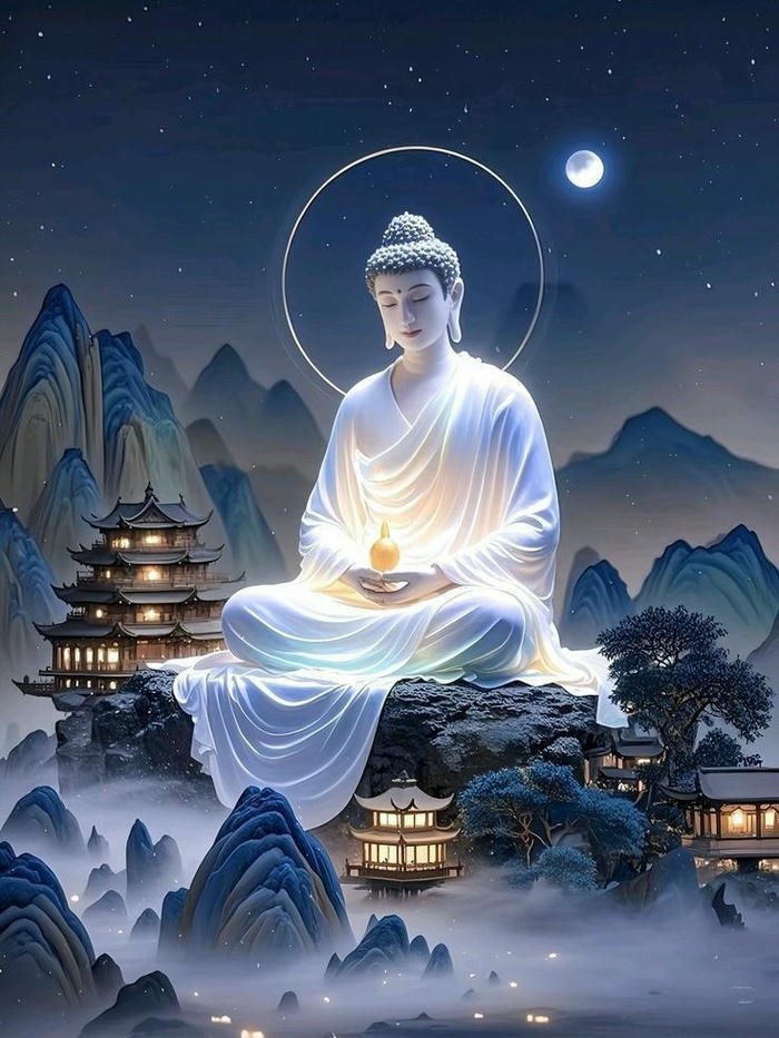 Ảnh phật ngồi thiền trên đỉnh núi mây trắng bay