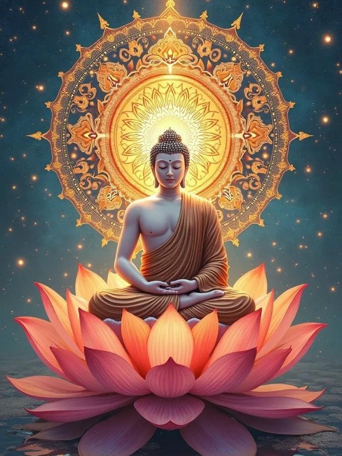 Ảnh phật ngồi trên tòa sen giữa vũ trụ bao la