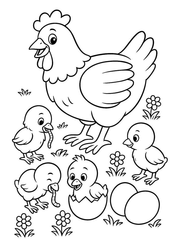 Ảnh tranh tô màu con gà với bố cục đơn giản cho bé dưới năm tuổi