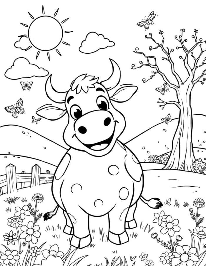 Bức ảnh tô màu con bò thể hiện hình dáng quen thuộc