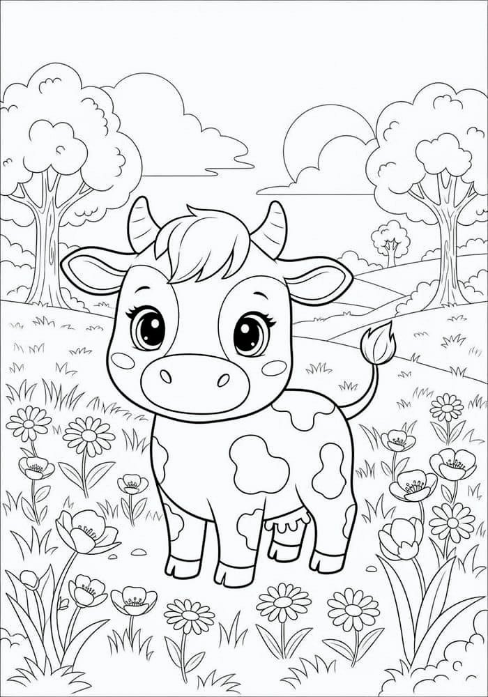 Bức hình tô màu con bò thể hiện dáng vẻ hiền lành