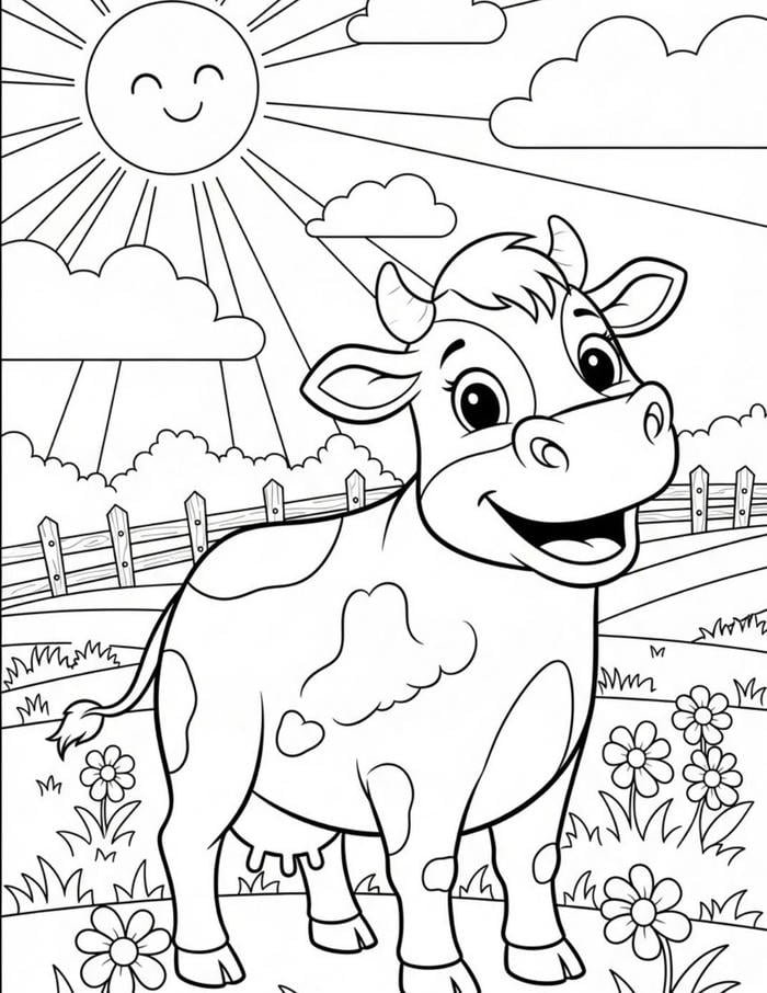 Hình ảnh tô màu con bò có bố cục đơn giản dễ tô