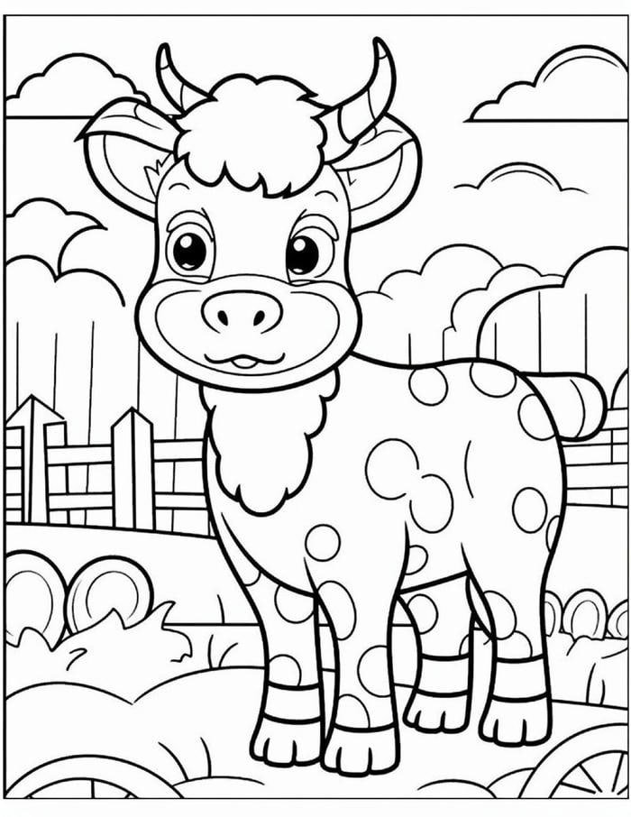 Hình ảnh tô màu con bò thể hiện thân hình tròn trịa