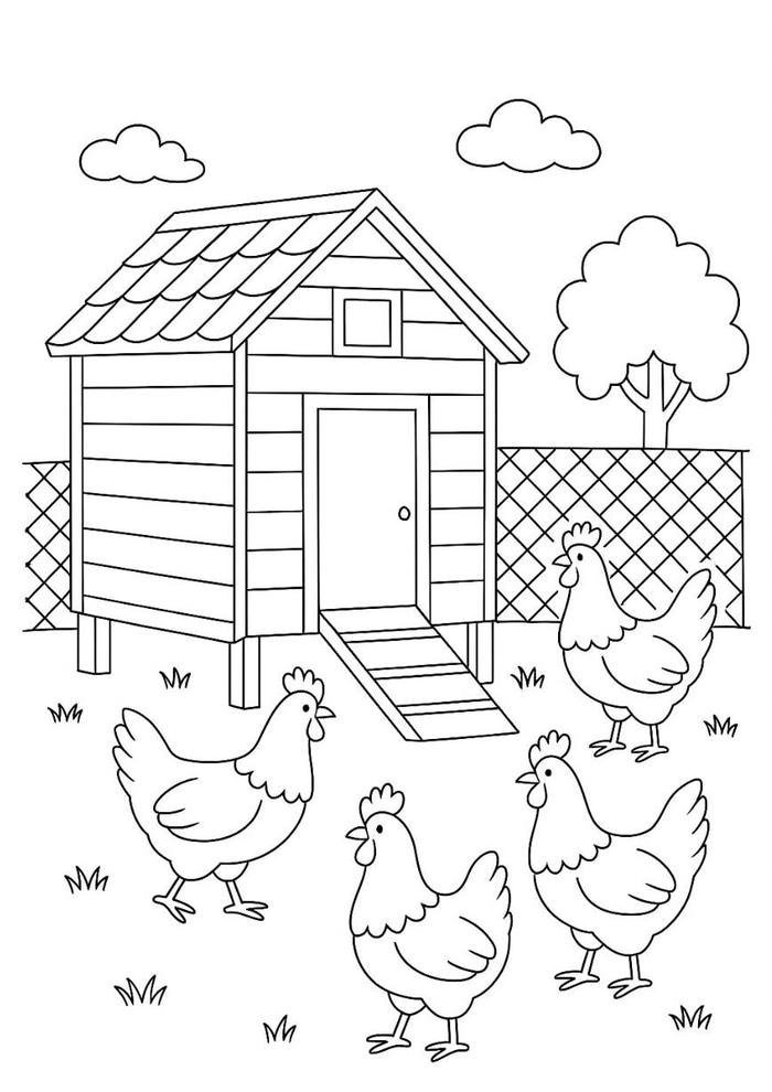 Hình ảnh tranh tô màu con gà có nhiều phần cần chia màu