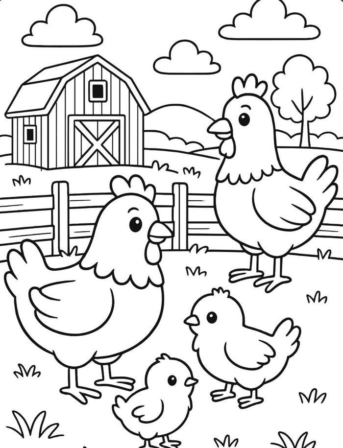 Hình ảnh tranh tô màu con gà có nhiều vùng tô hơn cho bé lớn