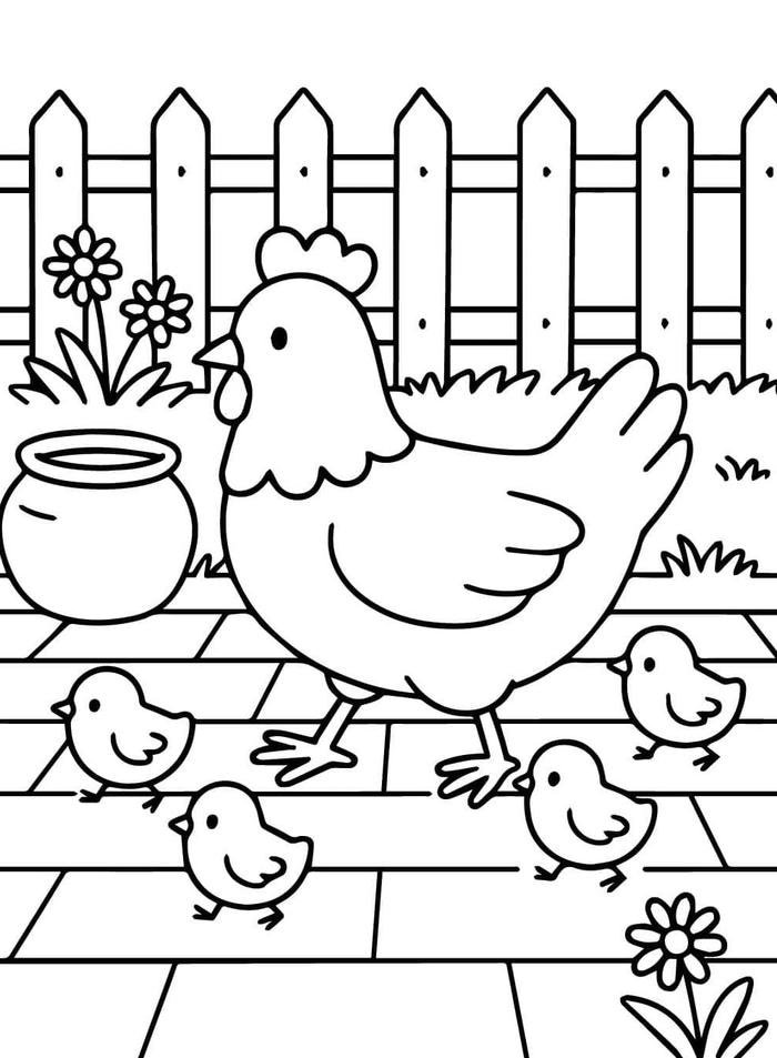 Hình tranh tô màu con gà với độ khó trung bình cho trẻ nhỏ