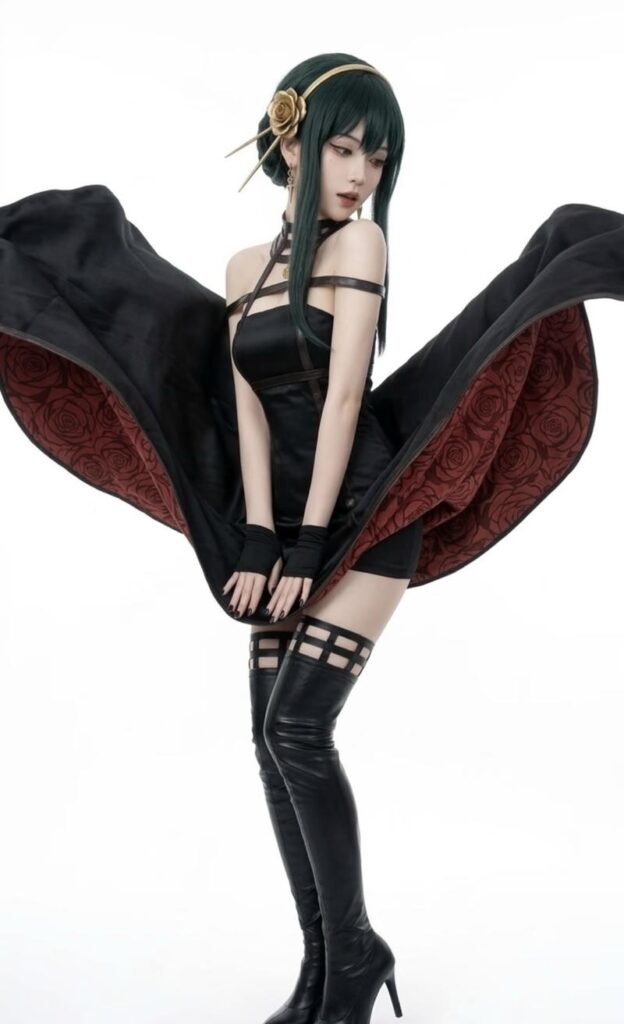 Ảnh Yor Forger cosplay với váy đen xẻ cao tôn dáng