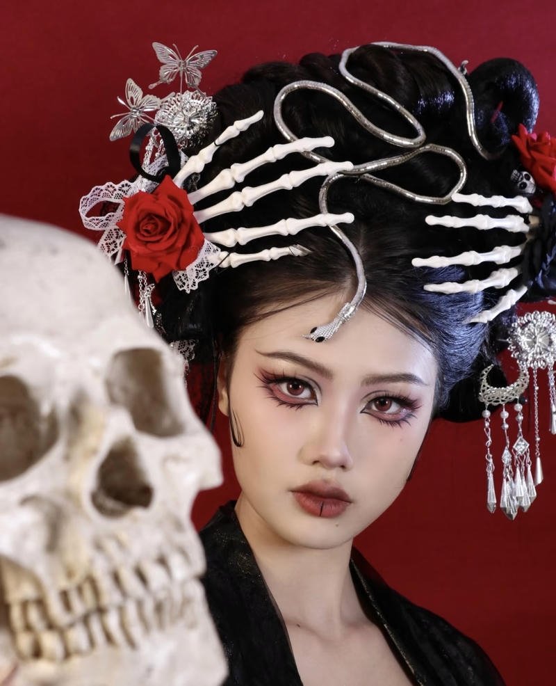 Cosplay Bạch Cốt Tinh với makeup sắc nét và lạnh lùng