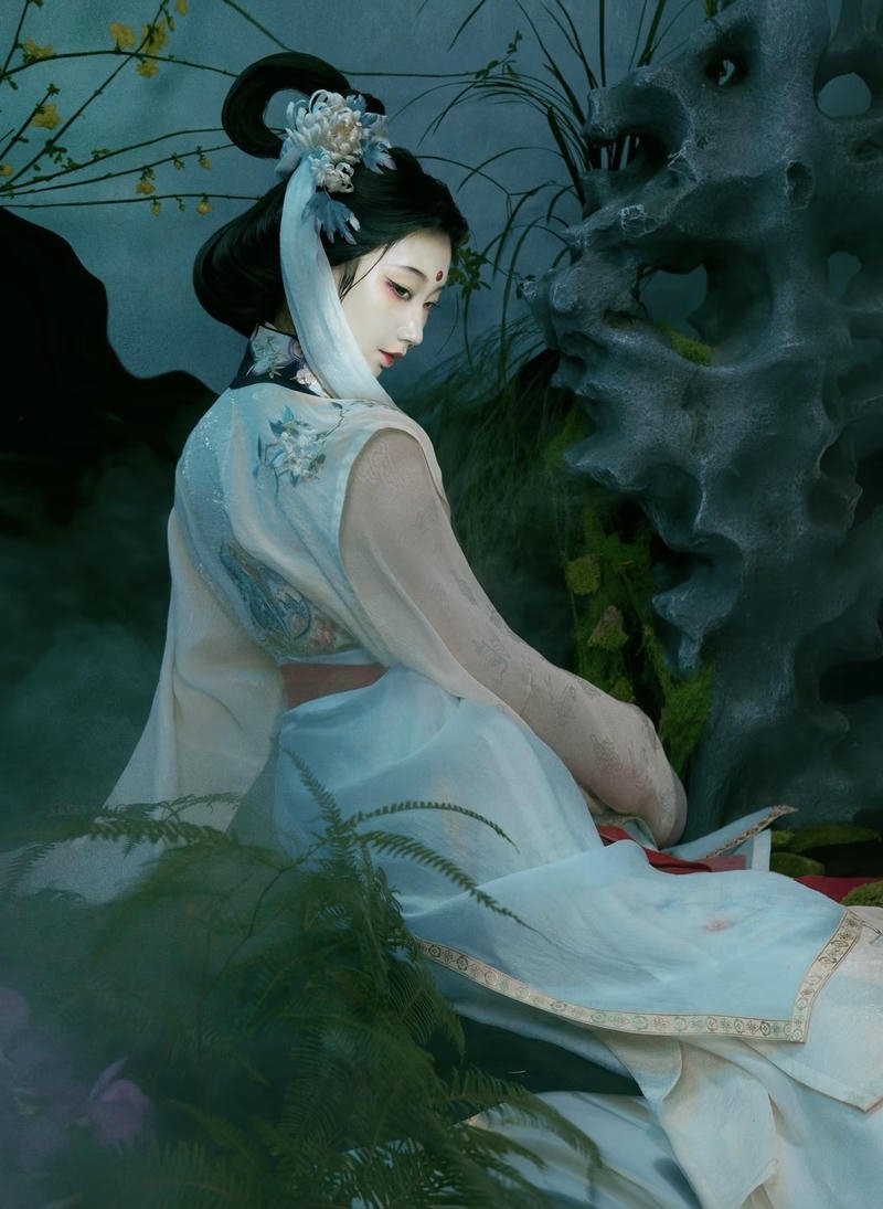 Hình ảnh yêu tinh xương trắng cosplay trong không gian tối