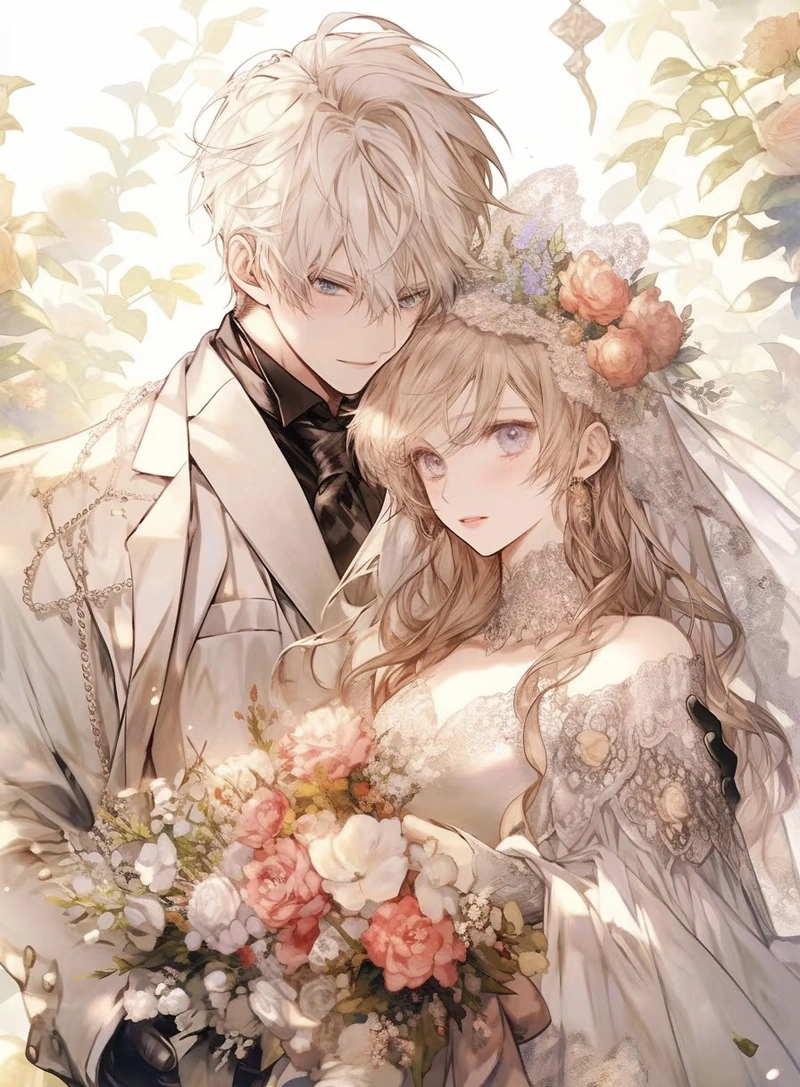 Ảnh cô dâu chú rể anime cùng ánh nhìn dịu dàng