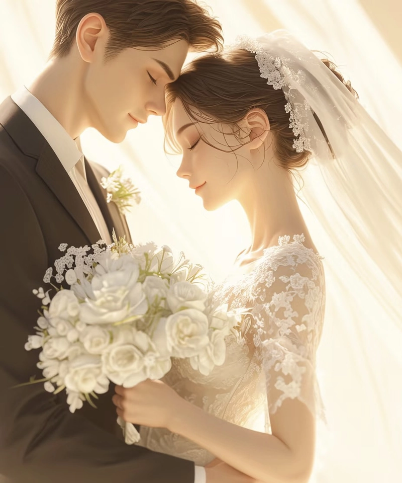 Ảnh cô dâu chú rể anime với khung cảnh nhẹ nhàng