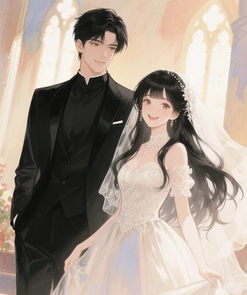 Ánh mắt hạnh phúc của cô dâu chú rể anime