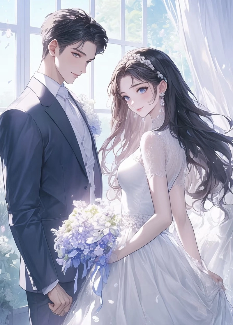 Ánh nhìn ngọt ngào trong ảnh cô dâu chú rể anime