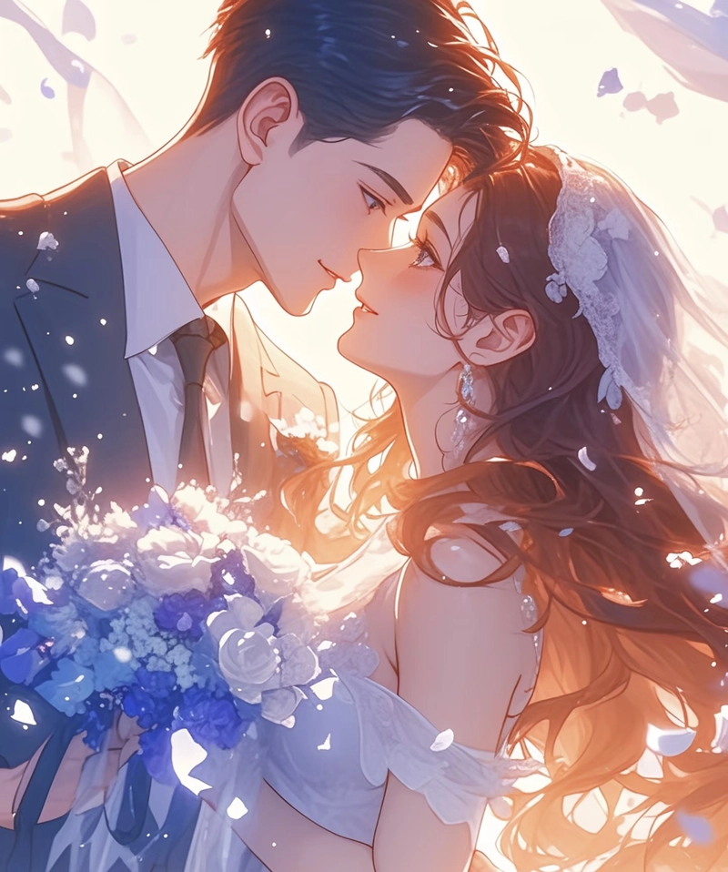 Cô dâu chú rể anime với biểu cảm hạnh phúc