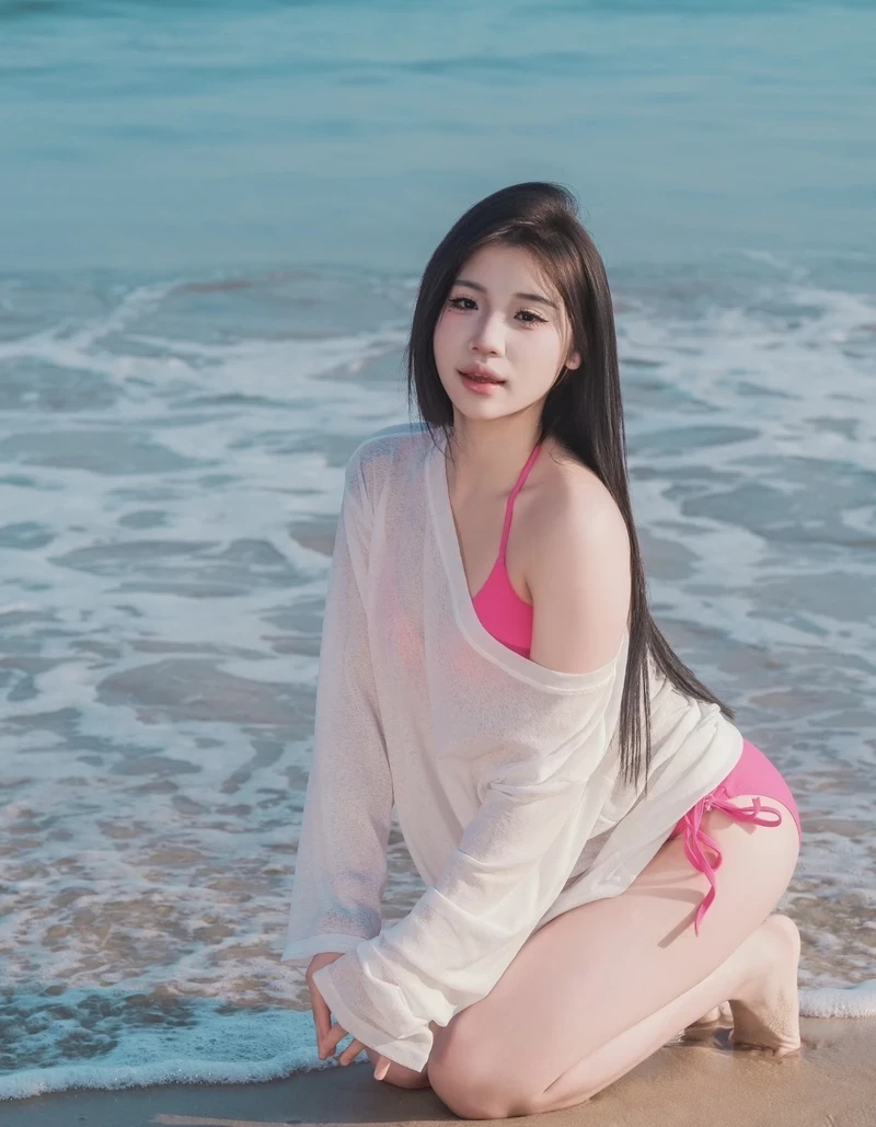 Gái đẹp mặc bikini hồng xinh xắn bên biển