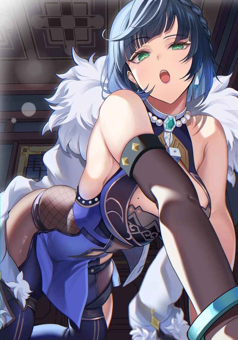 Hình hentai anime Yelan nổi bật giữa khung cảnh đẹp