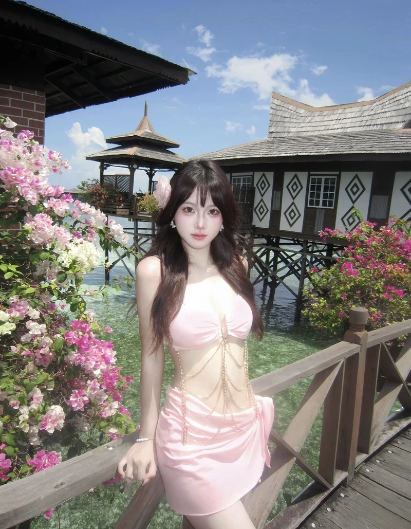 Hotgirl bikini hồng xinh xắn ngoài trời